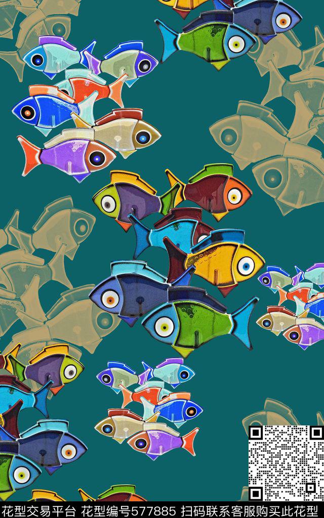色彩斑斓鱼儿自在飘多色数码印花华亿平台下载（图片编号: 577885） - 瓦栏（Walan）