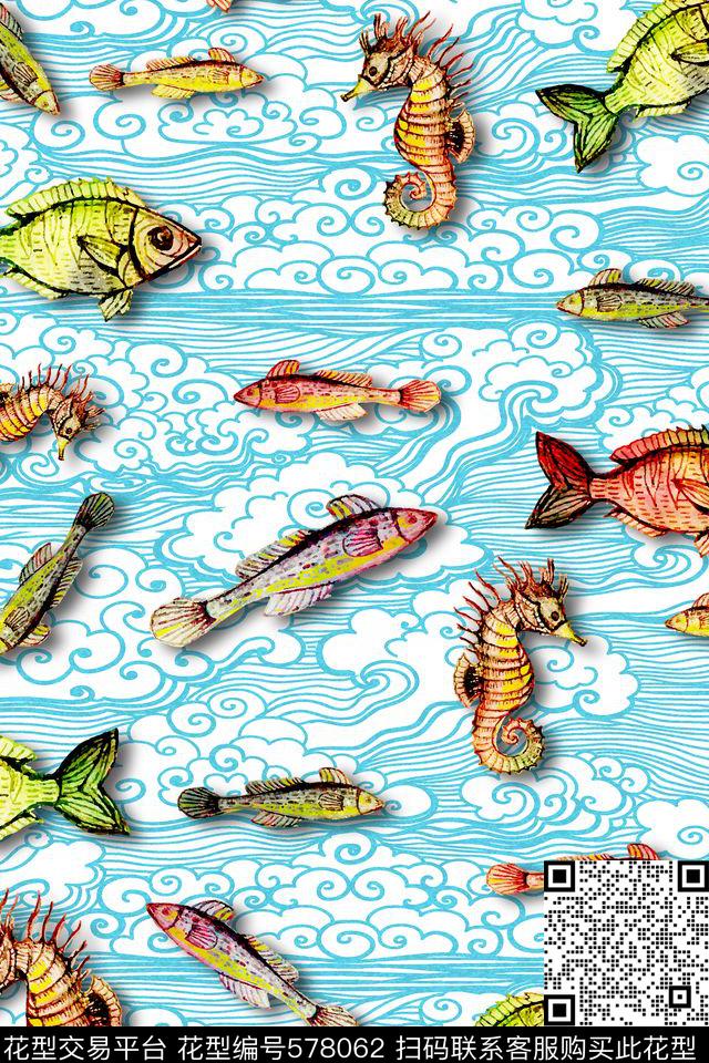 深海鱼抽象海浪海马数码印花华亿平台下载（图片编号: 578062） - 瓦栏（Walan）