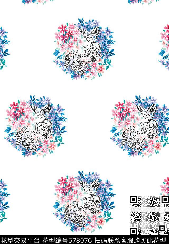 白底笔触插画传统印花华亿平台下载（图片编号: 578076） - 瓦栏（Walan）