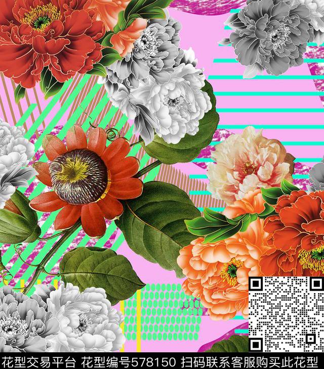 女装黑白花卉素雅油画花卉。几何线条数码印花华亿平台下载（图片编号: 578150） - 瓦栏（Walan）