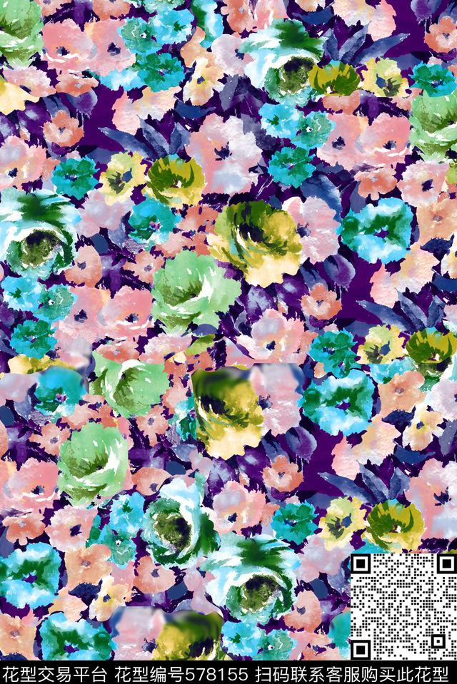 女装大气手绘花朵油画炫彩数码印花华亿平台下载（图片编号: 578155） - 瓦栏（Walan）