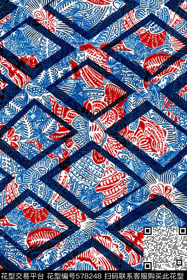 复古几何花卉传统印花华亿平台下载（图片编号: 578248） - 瓦栏（Walan）