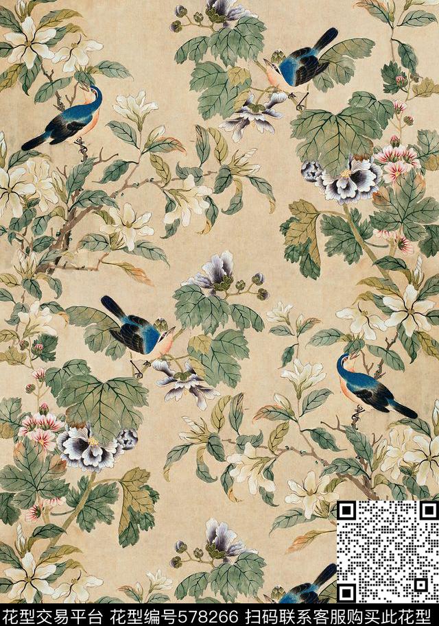 中国风国画工笔工笔花鸟数码印花华亿平台下载（图片编号: 578266） - 瓦栏（Walan）