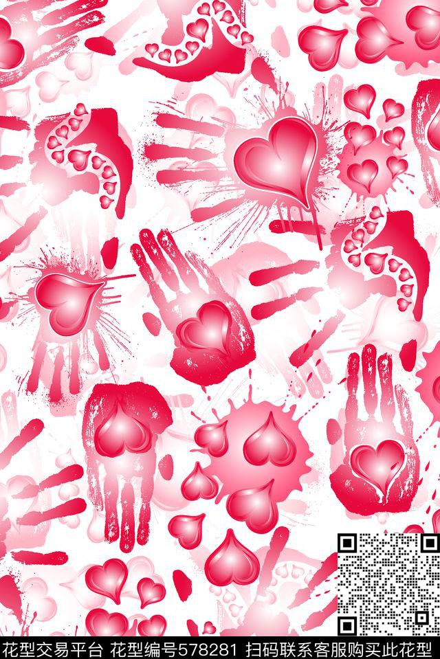 抽象心形手掌印传统印花华亿平台下载（图片编号: 578281） - 瓦栏（Walan）