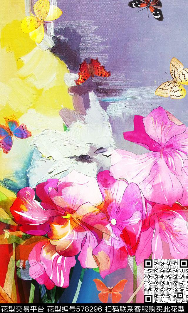 时尚花卉蝴蝶数码印花华亿平台下载（图片编号: 578296） - 瓦栏（Walan）
