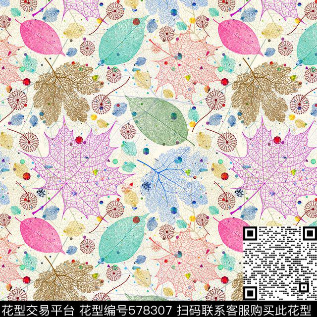钻石彩色枫叶线条传统印花华亿平台下载（图片编号: 578307） - 瓦栏（Walan）