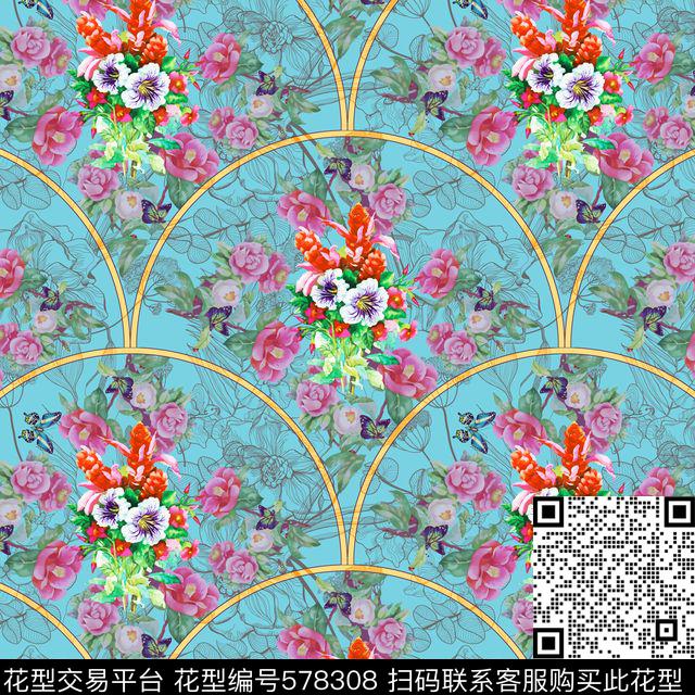 花卉蝴蝶线条花数码印花华亿平台下载（图片编号: 578308） - 瓦栏（Walan）