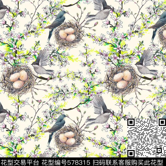 树枝花鸟窝鸟蛋数码印花华亿平台下载（图片编号: 578315） - 瓦栏（Walan）