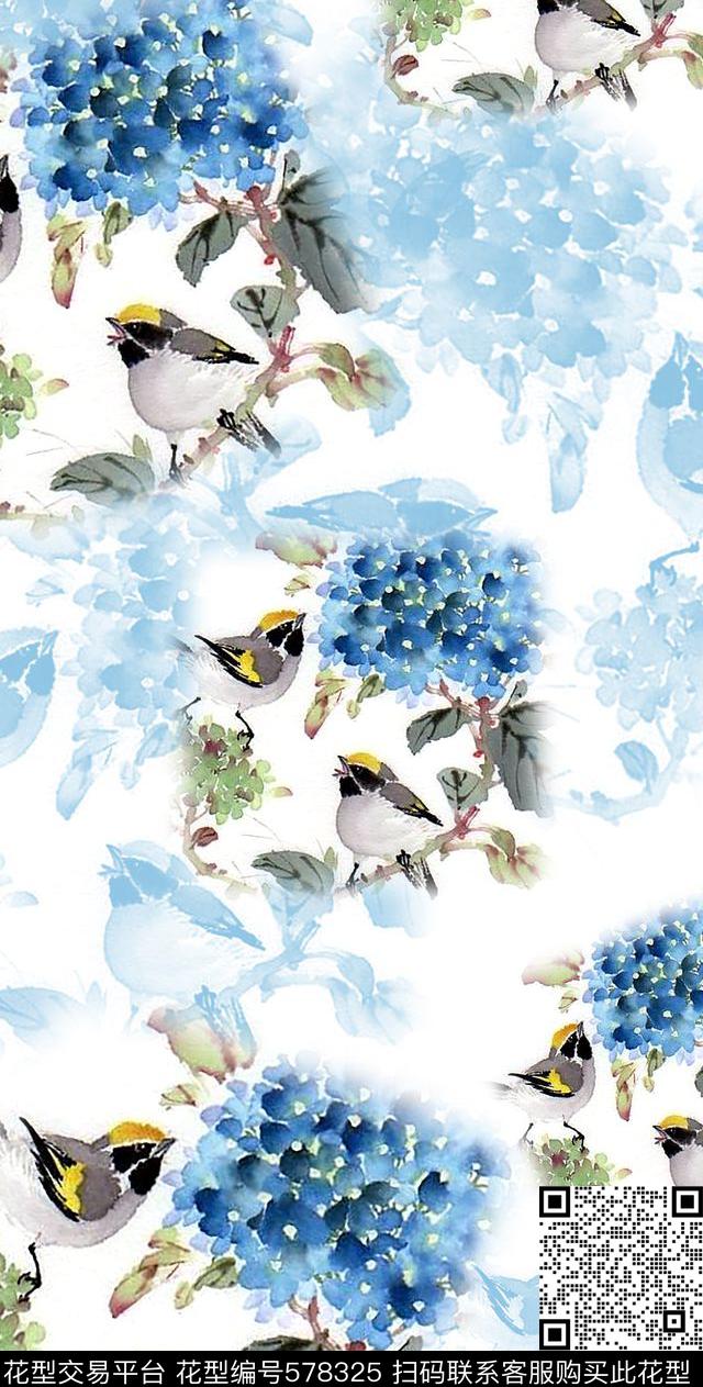 民族风图案鸟儿绣球花卉数码印花华亿平台下载（图片编号: 578325） - 瓦栏（Walan）