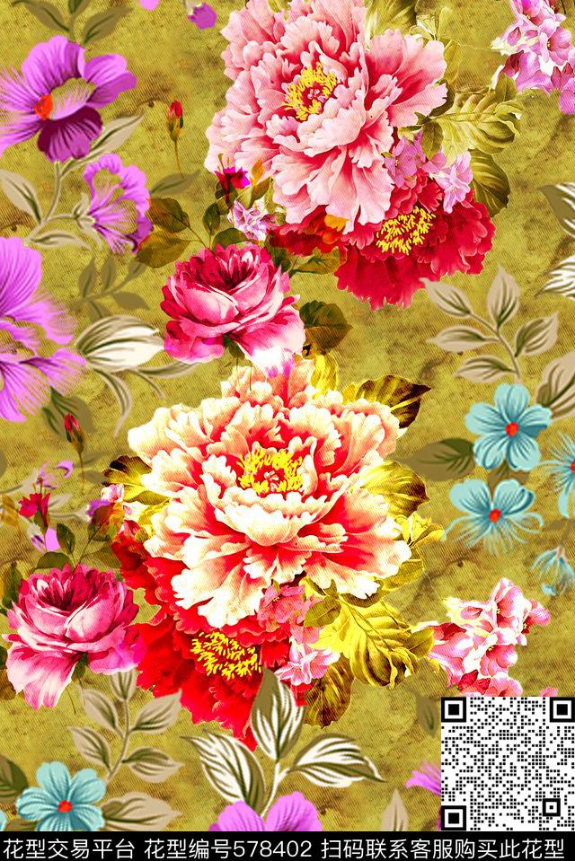 零点--女装牡丹复古数码印花华亿平台下载（图片编号: 578402） - 瓦栏（Walan）