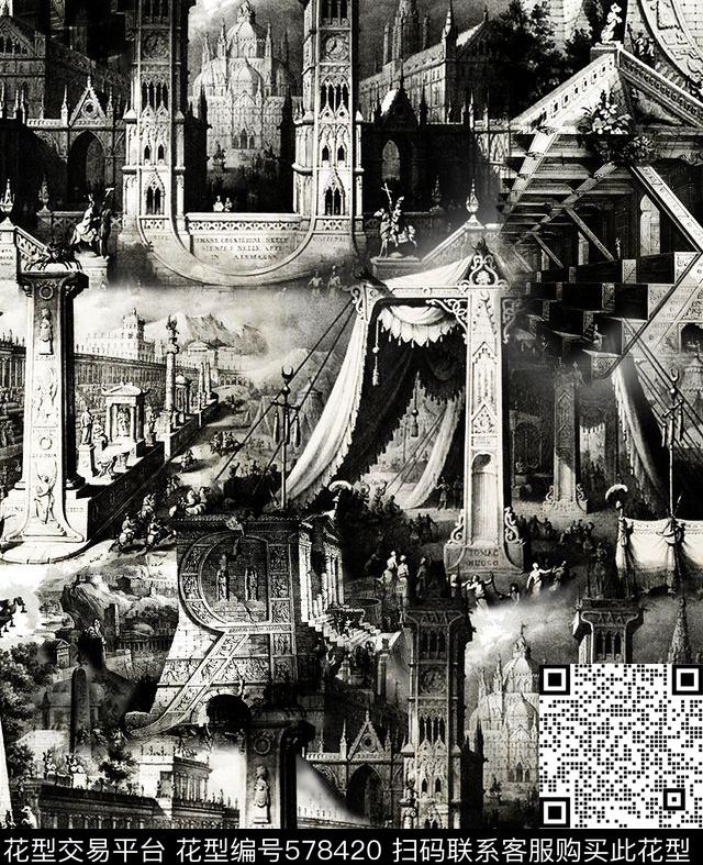 时尚复古建筑字母创意数码印花华亿平台下载（图片编号: 578420） - 瓦栏（Walan）