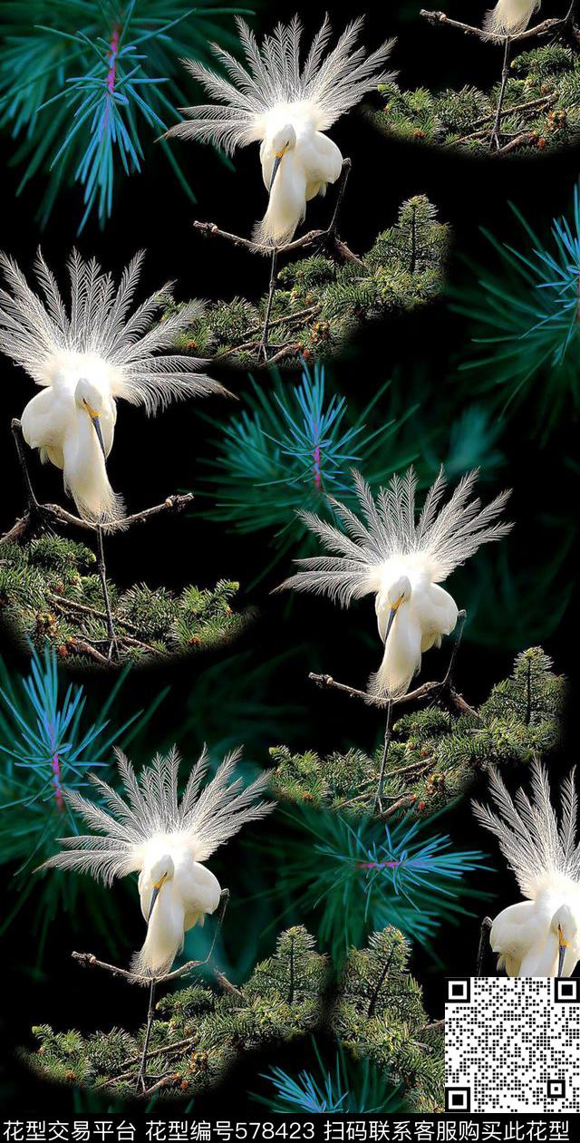 旗袍风景图案白鹭纷飞数码印花华亿平台下载（图片编号: 578423） - 瓦栏（Walan）