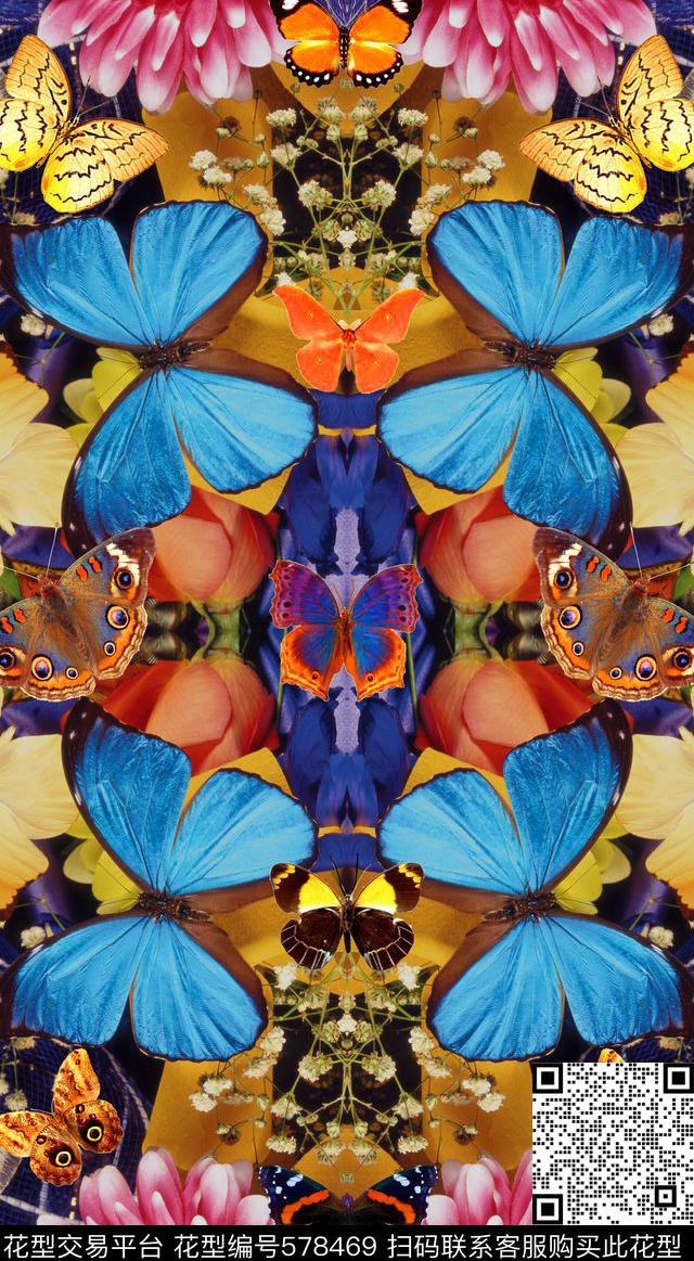 潮流时尚花卉蝴蝶数码印花华亿平台下载（图片编号: 578469） - 瓦栏（Walan）