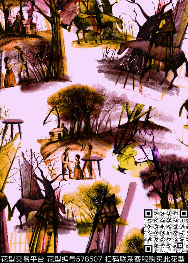 树人物马传统印花华亿平台下载（图片编号: 578507） - 瓦栏（Walan）