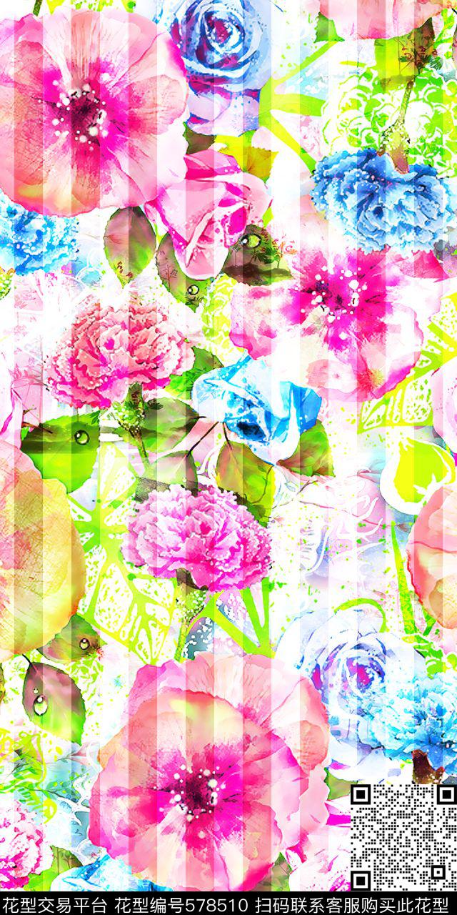 抽象水彩花竖条数码印花华亿平台下载（图片编号: 578510） - 瓦栏（Walan）