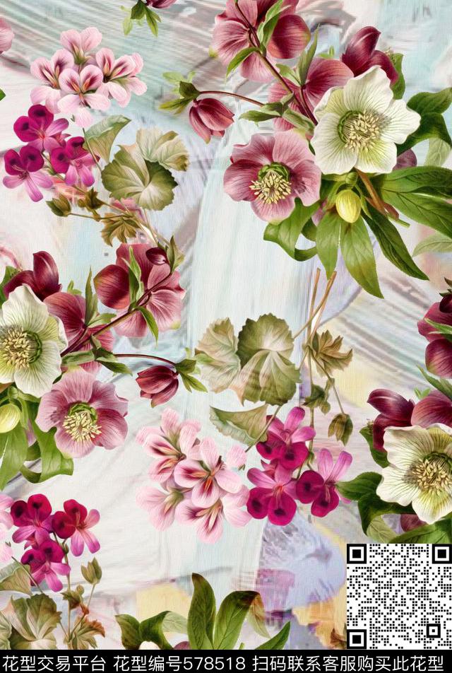 复古水彩花卉家纺数码印花华亿平台下载（图片编号: 578518） - 瓦栏（Walan）