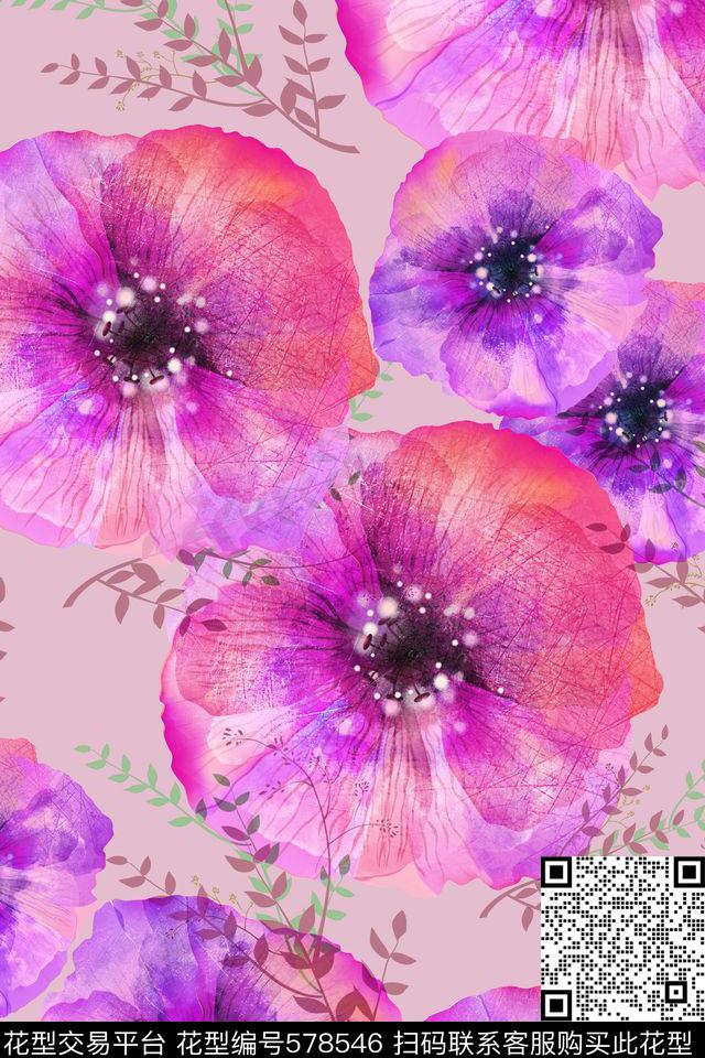 时尚小清新水彩花卉植物数码印花华亿平台下载（图片编号: 578546） - 瓦栏（Walan）