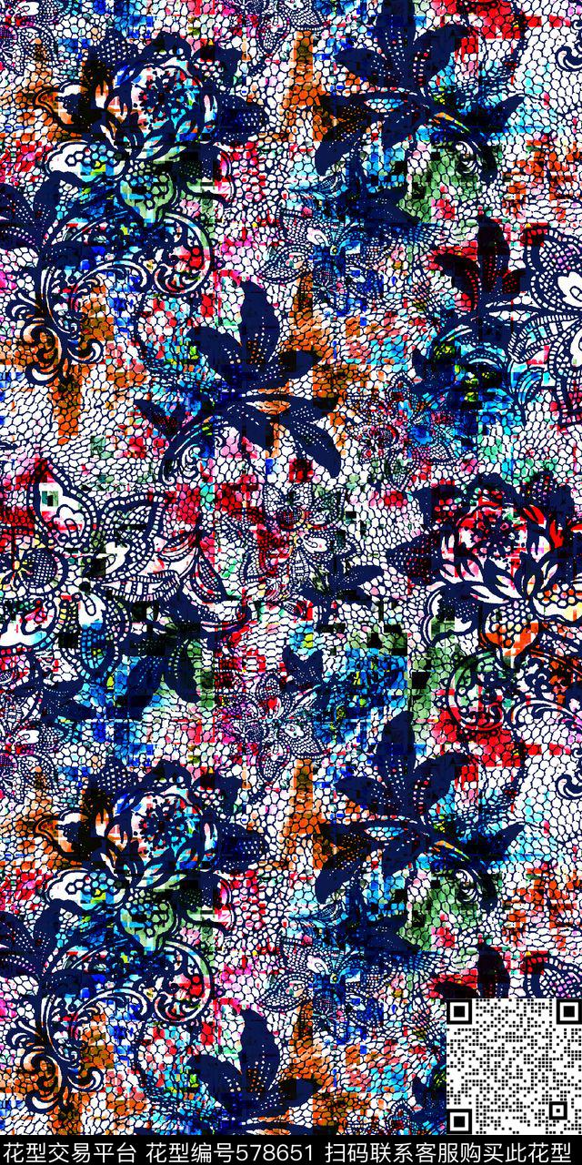 时尚潮流花卉时尚蕾丝网眼花朵抽象彩色底纹数码印花华亿平台下载（图片编号: 578651） - 瓦栏（Walan）