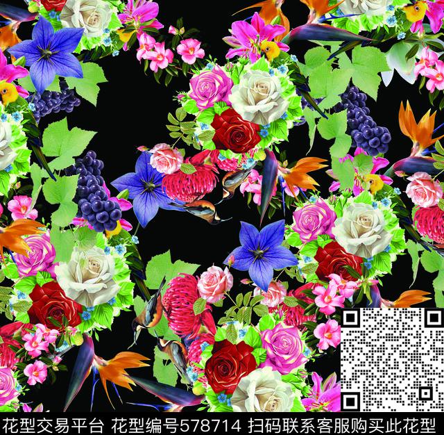 花朵鸟数码印花华亿平台下载（图片编号: 578714） - 瓦栏（Walan）