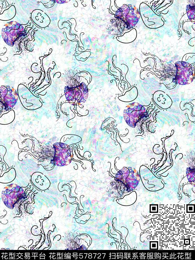 时尚水母波浪数码印花华亿平台下载（图片编号: 578727） - 瓦栏（Walan）