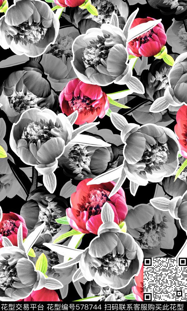 花卉黑白和彩色写意数码印花华亿平台下载（图片编号: 578744） - 瓦栏（Walan）