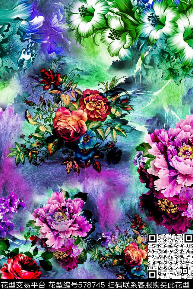 零点--女装牡丹水彩数码印花华亿平台下载（图片编号: 578745） - 瓦栏（Walan）