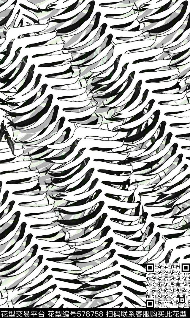 黑白写意黑白色彩叶子传统印花华亿平台下载（图片编号: 578758） - 瓦栏（Walan）