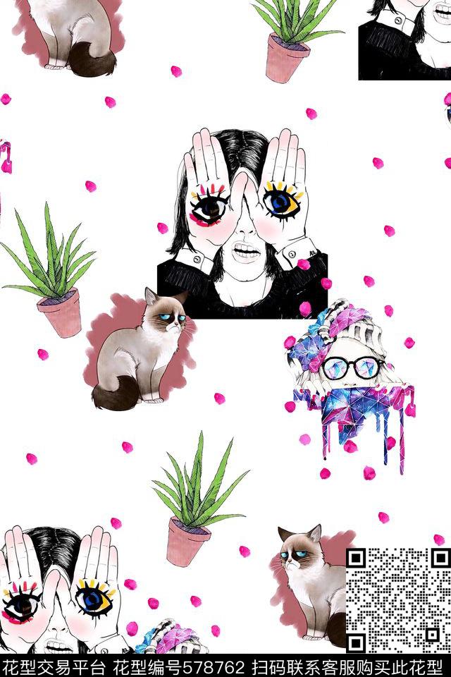 唯美卡通插画女孩猫咪数码印花华亿平台下载（图片编号: 578762） - 瓦栏（Walan）