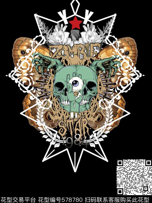 定位骷髅头蝴蝶数码印花华亿平台下载（图片编号: 578780） - 瓦栏（Walan）