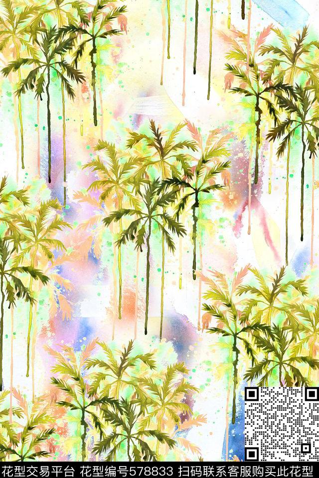 时尚潮流椰子树水彩风景数码印花华亿平台下载（图片编号: 578833） - 瓦栏（Walan）