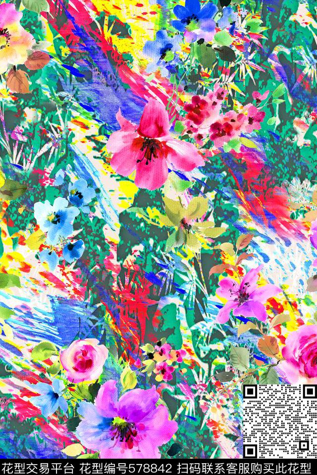 彩色纹路抽象几何数码印花华亿平台下载（图片编号: 578842） - 瓦栏（Walan）