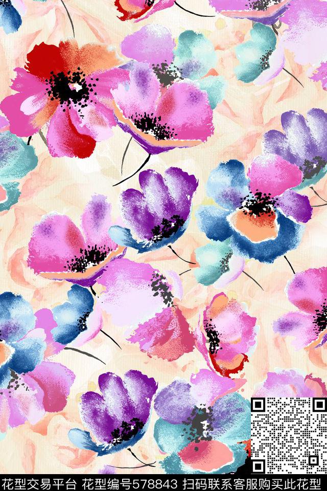水墨花卉女装数码印花华亿平台下载（图片编号: 578843） - 瓦栏（Walan）