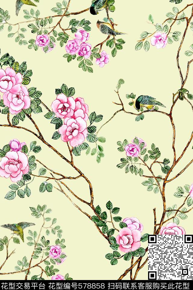 浅底手绘花卉树鸟花卉数码印花华亿平台下载（图片编号: 578858） - 瓦栏（Walan）