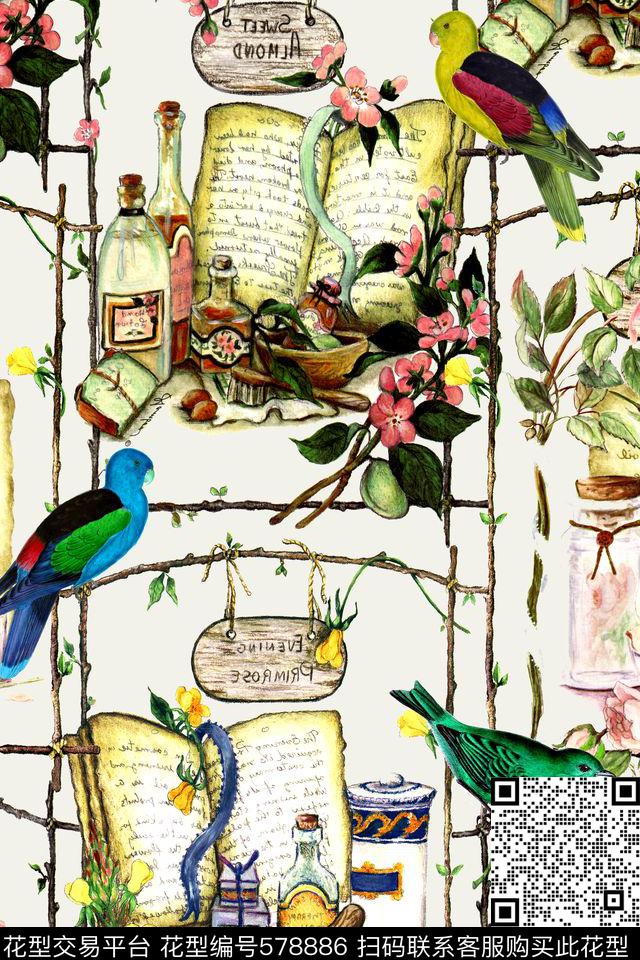 鹦鹉手绘华亿平台酒瓶数码印花华亿平台下载（图片编号: 578886） - 瓦栏（Walan）