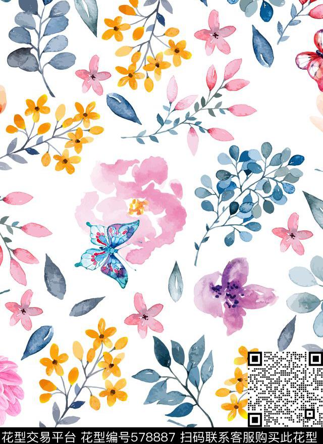 花卉蝴蝶叶子数码印花华亿平台下载（图片编号: 578887） - 瓦栏（Walan）