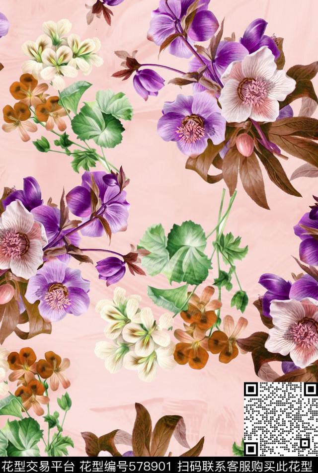 复古水彩花卉家纺数码印花华亿平台下载（图片编号: 578901） - 瓦栏（Walan）