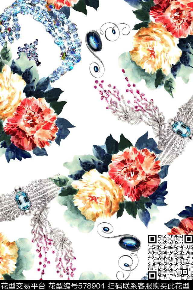 复古珠宝花卉数码印花华亿平台下载（图片编号: 578904） - 瓦栏（Walan）