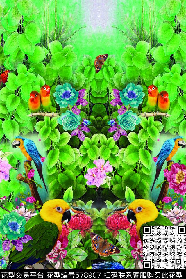 树叶花朵鸟数码印花华亿平台下载（图片编号: 578907） - 瓦栏（Walan）