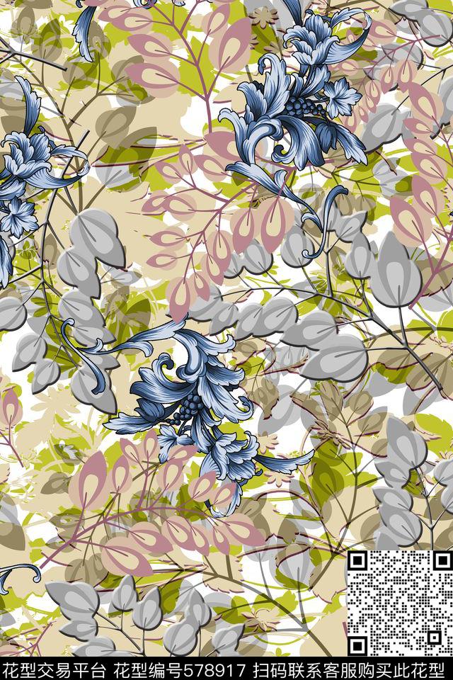 热带女装复古矢量树叶数码印花华亿平台下载（图片编号: 578917） - 瓦栏（Walan）