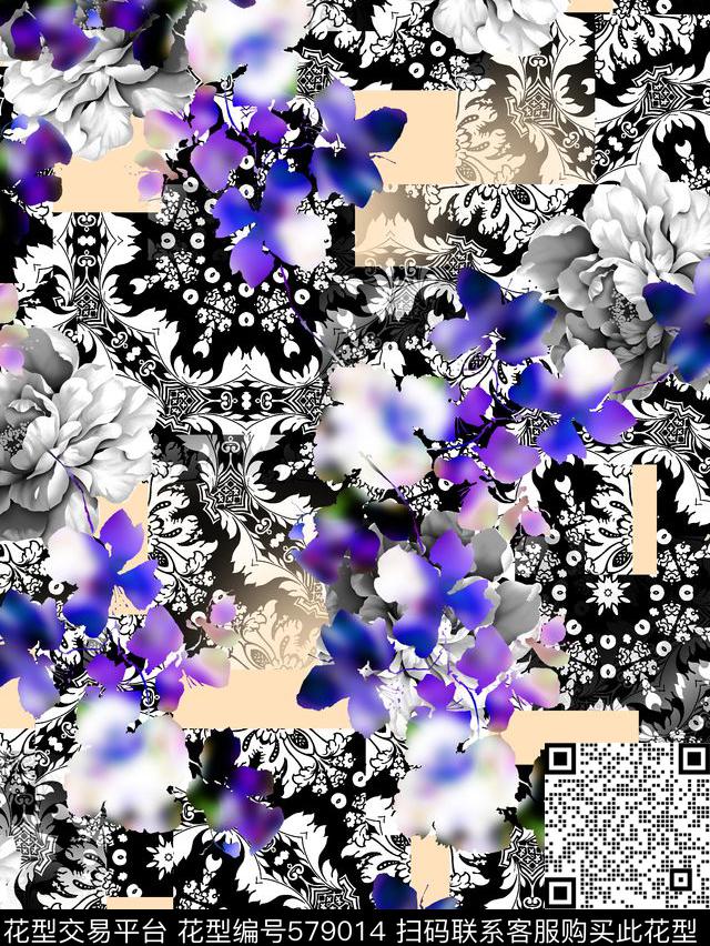 欧美大气风手绘花朵抽象色块数码印花华亿平台下载（图片编号: 579014） - 瓦栏（Walan）