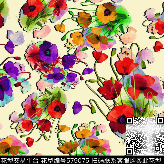 复古花朵花卉数码印花华亿平台下载（图片编号: 579075） - 瓦栏（Walan）