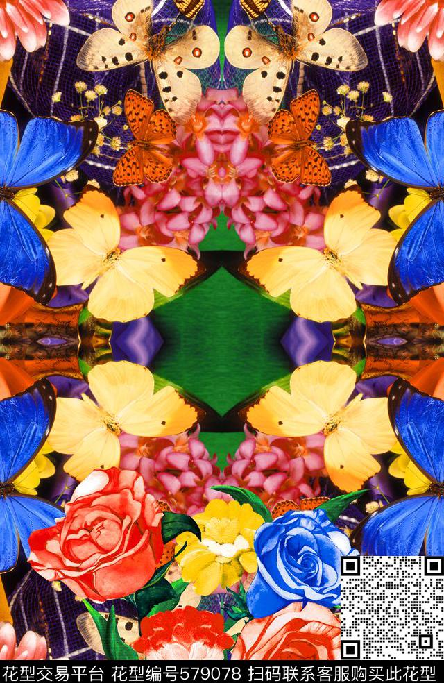 流行时尚花卉蝴蝶花卉数码印花华亿平台下载（图片编号: 579078） - 瓦栏（Walan）
