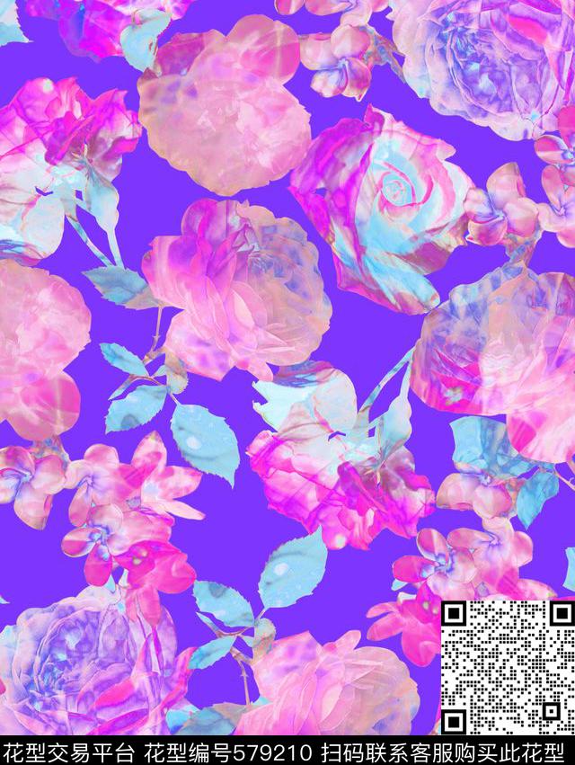晕染效果玫瑰花植物花卉时尚童装数码印花华亿平台下载（图片编号: 579210） - 瓦栏（Walan）