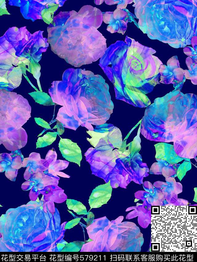 晕染效果玫瑰花植物花卉时尚童装数码印花华亿平台下载（图片编号: 579211） - 瓦栏（Walan）
