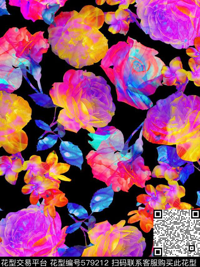 晕染效果玫瑰花植物花卉时尚童装数码印花华亿平台下载（图片编号: 579212） - 瓦栏（Walan）