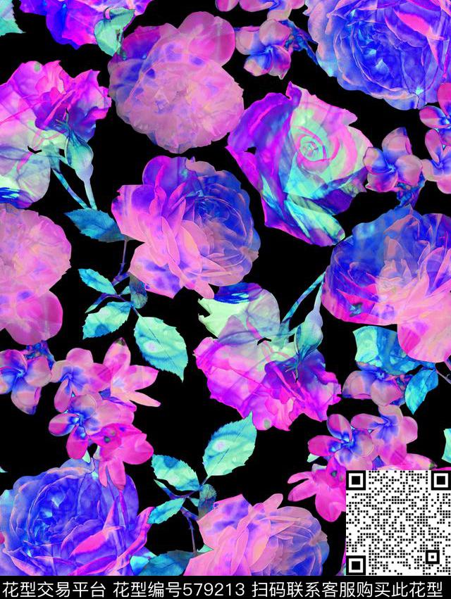 晕染效果玫瑰花植物花卉时尚童装数码印花华亿平台下载（图片编号: 579213） - 瓦栏（Walan）