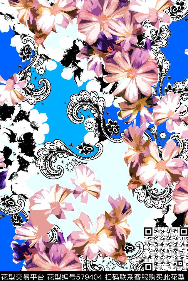 中国风花朵大气炫彩缤纷数码印花华亿平台下载（图片编号: 579404） - 瓦栏（Walan）
