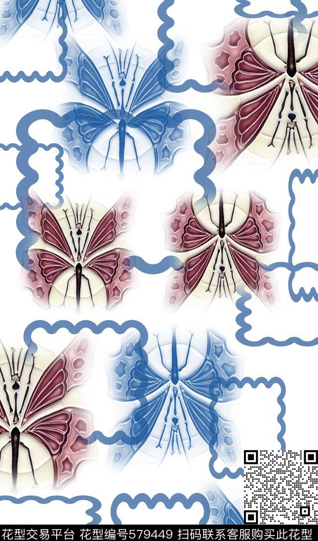 时尚清新蝴蝶纷飞格子组合数码印花华亿平台下载（图片编号: 579449） - 瓦栏（Walan）