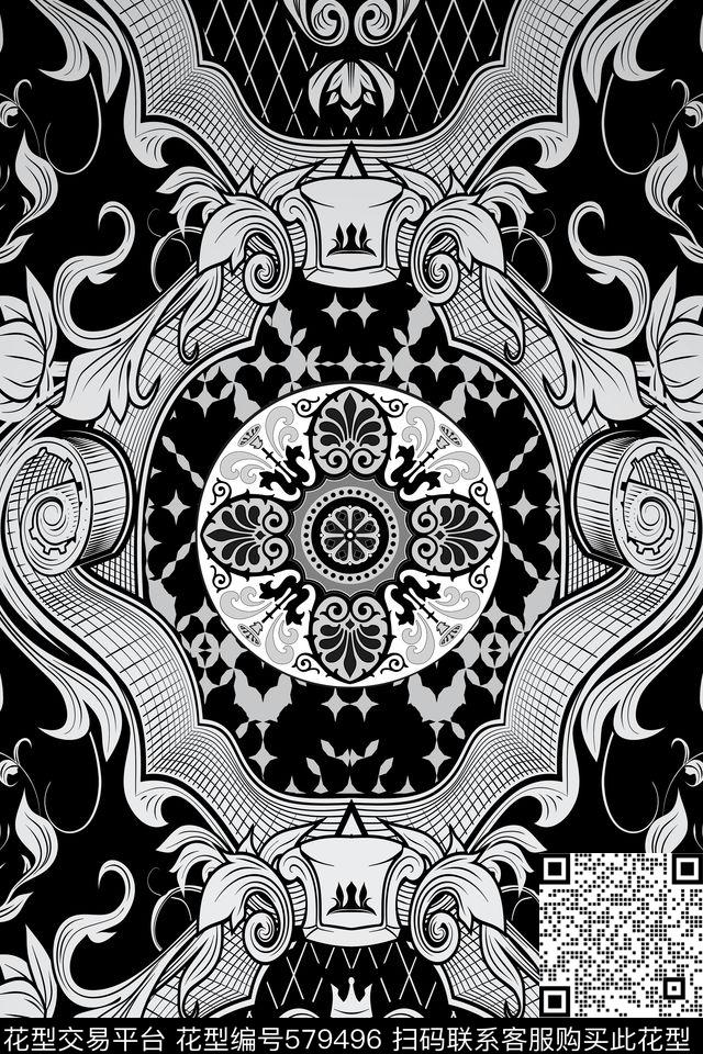 卷草纹欧式巴洛克传统印花华亿平台下载（图片编号: 579496） - 瓦栏（Walan）