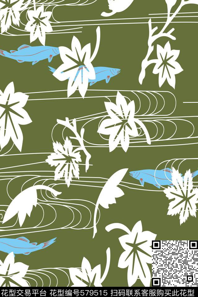 日式落叶流水鱼纹样传统印花华亿平台下载（图片编号: 579515） - 瓦栏（Walan）